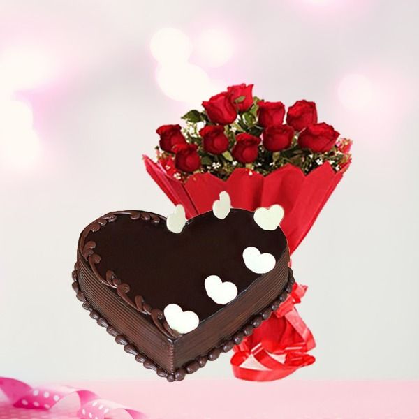 Red  Rose Heart Shape Cake Combo