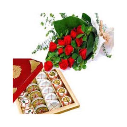 Red Roses with Mixed Sweets