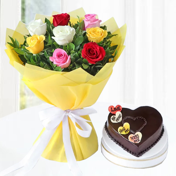 Valentine Flowers with Hearty Cake Combo
