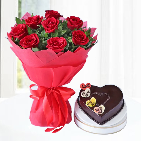 Delightful Combo of Roses with Chocolate Cake