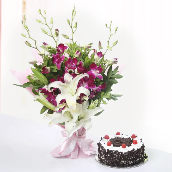 Heartwarming Combo of Flowers and Cake