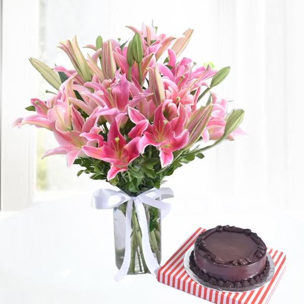 Delicious Chocolate Cake with Pink Lilies
