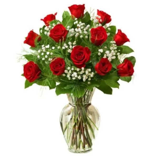  12 Red Roses  Flowers  in Vase