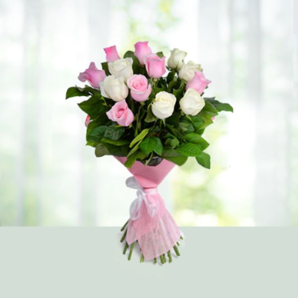 Flowers bouquet-Bunch of 12 white and pink roses