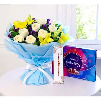 Bunch of Roses & Lilies with Cadbury Celebrations with Rakhi