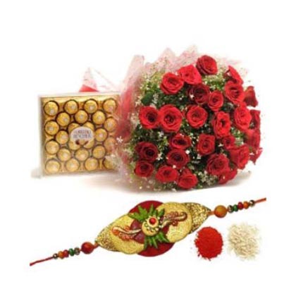 Rakhi with Red Roses and 24Pcs Ferrero