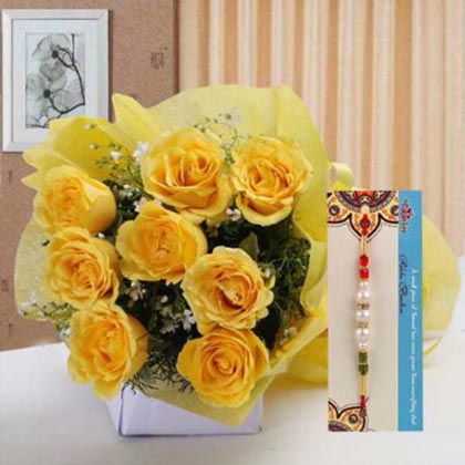 Pearl Rakhi N Yellow Roses