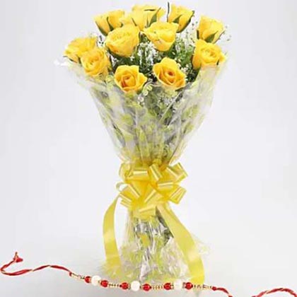 Yellow Roses Bouquet & Meenakari Rakh