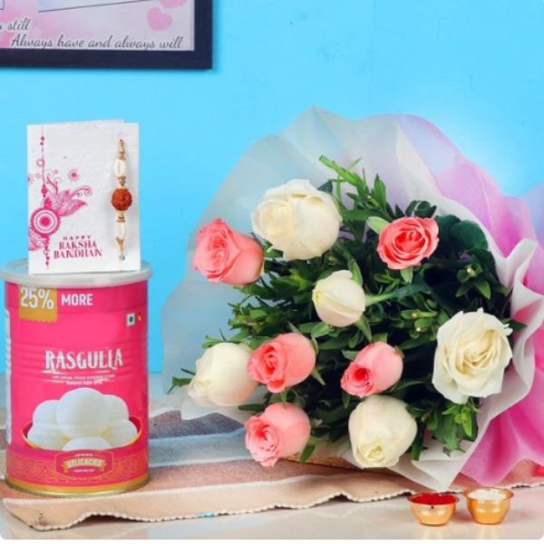 Rakhi With Ten Pink N White Roses N Rasgulla